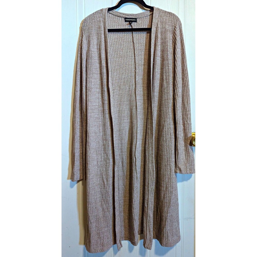 Inspired Hearts XL Beige Waffle-Knit Open Front Ribbed Long Cardigan Sweater